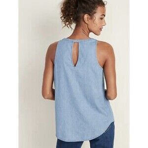 Old Navy Women's Blue Chambray Denim Tank Top XS V-Neck Open Keyhole Back Casual